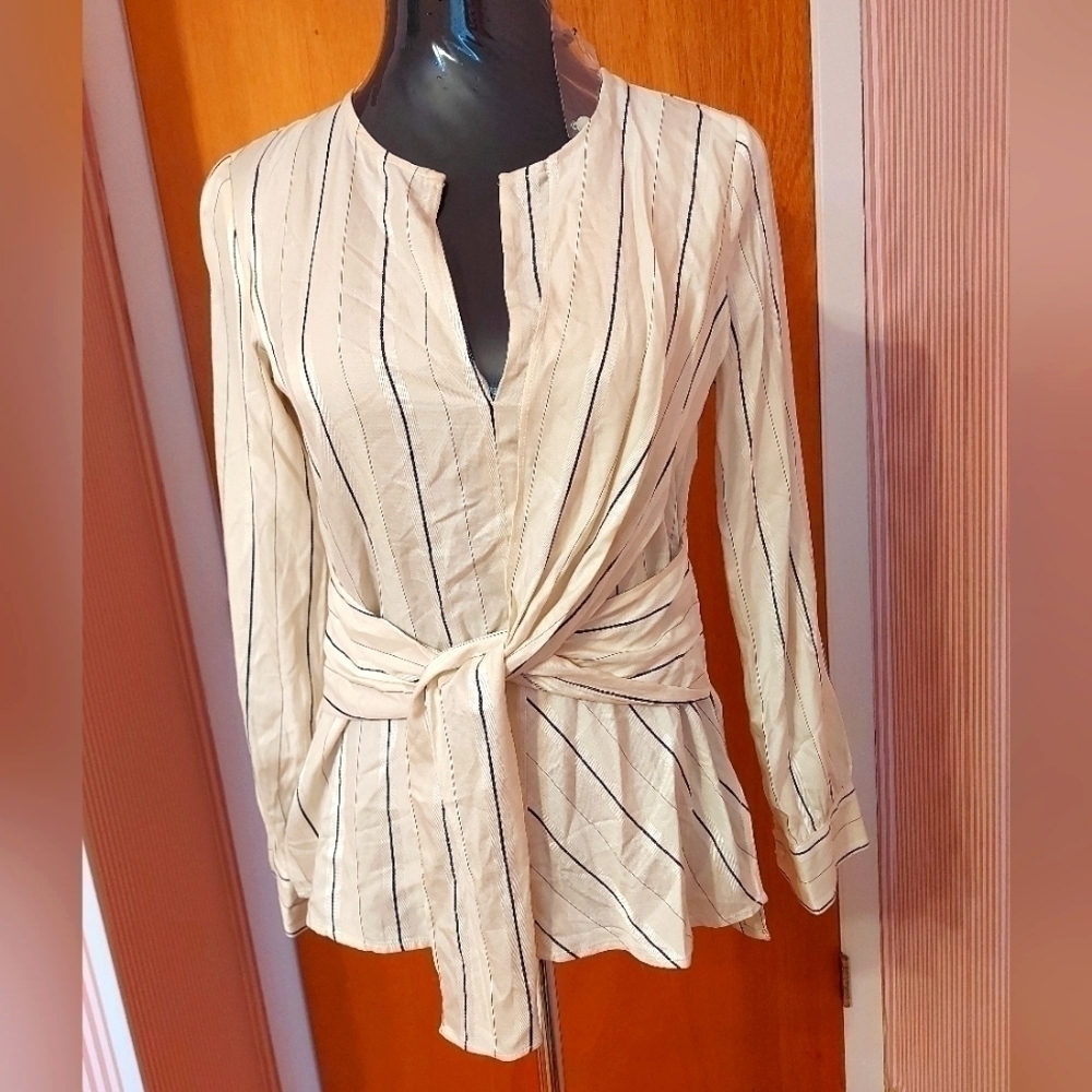 Coastal Chic MANGO Striped Blouse Waist Tie Breezy Summer Look Effortless